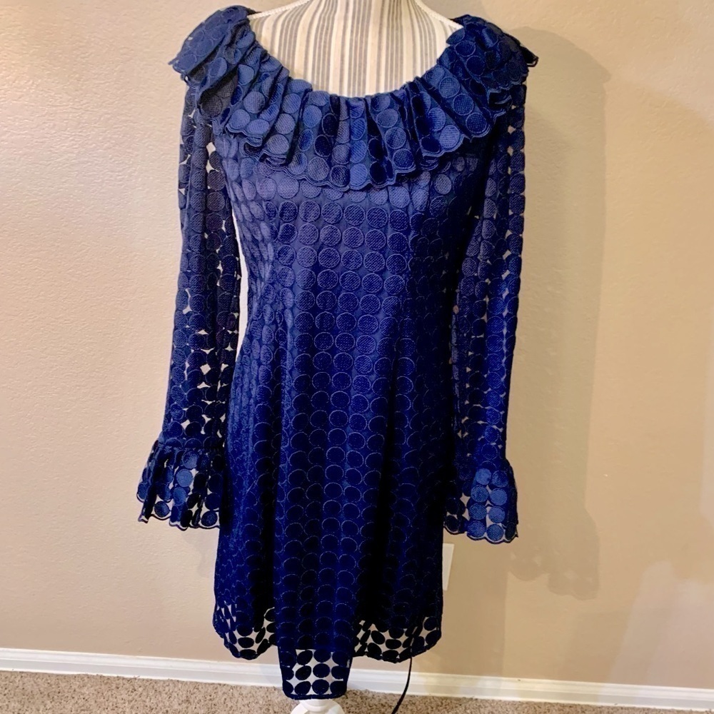 Trina Turk Dress Medium Navy Blue Mini Long Slvs Lace Dots Ruffle Neckline Cuffs